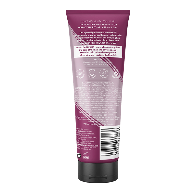 Charles Worthington Volume &amp; Bounce Weightless Shampoo 250ml - back of pack