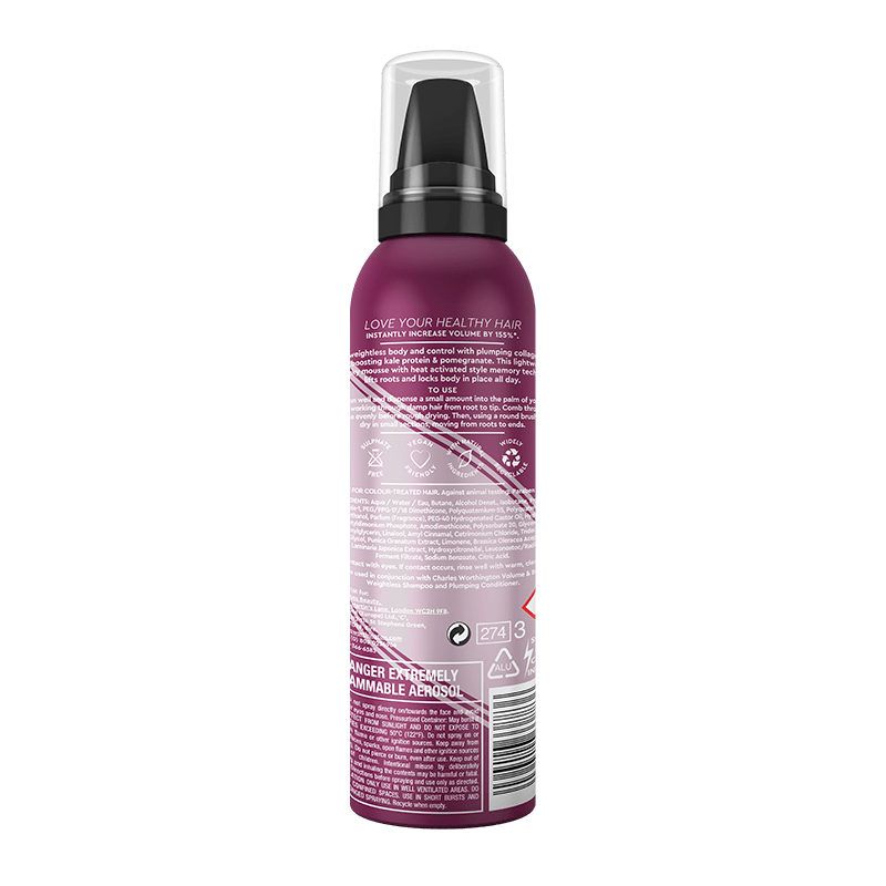 Charles Worthington Volume &amp; Bounce Body Booster Mousse 200ml - back of pack