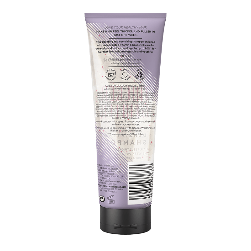 Charles Worthington Thicker &amp; Fuller Densifying Shampoo 250ml - back of pack